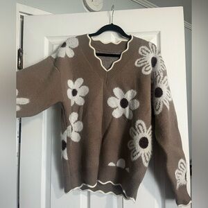 Brown Floral Oversized V-Neck Women's Sweater